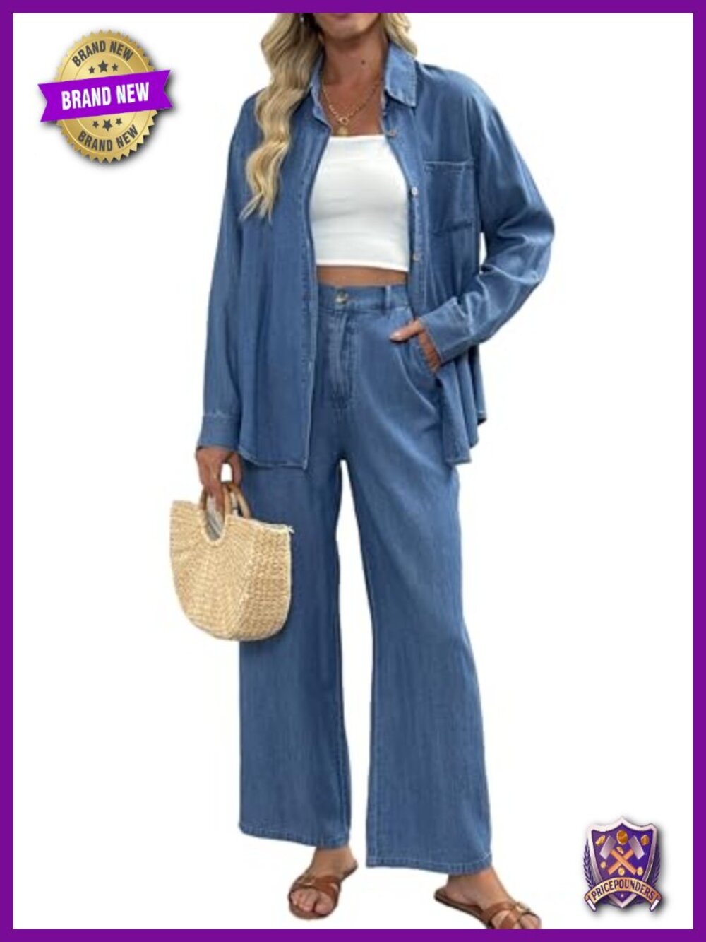 2 Piece Denim Outfit Set Button Down Shirt & Wide Leg Palazzo Pants Tracksuit